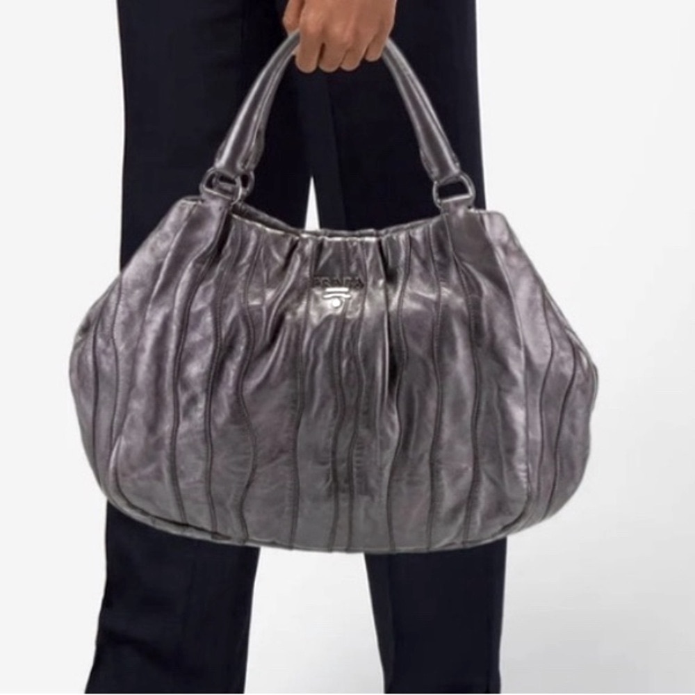 PRADA Napa Metallic Grey Waves Tote w/original dust bag & card XCLNT CONDITION